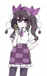  1girl 76gpo arm_behind_back black_thighhighs brown_eyes brown_hair checkered_clothes checkered_skirt collared_shirt commentary hair_ribbon hat highres himekaidou_hatate holding holding_phone looking_at_viewer medium_hair necktie phone pom_pom_(clothes) purple_headwear purple_necktie purple_ribbon purple_skirt ribbon shirt simple_background skirt solo thighhighs tokin_hat touhou twintails white_background white_shirt 