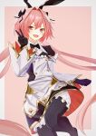  1boy absurdres animal_ears astolfo_(fate) astolfo_(saber)_(fate) astolfo_(saber)_(third_ascension)_(fate) black_bow black_bowtie black_gloves black_thighhighs bow bowtie fake_animal_ears fate/grand_order fate_(series) gloves hair_bow hair_intakes highres long_hair male_focus multicolored_hair open_mouth otoko_no_ko pink_background pink_hair purple_eyes rabbit_ears smile solo streaked_hair teruru_(teruru0321) thighhighs twintails v very_long_hair white_hair wing_collar 