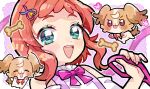  1girl :3 blush_stickers bone bow detached_sleeves doradorakingyo eyelashes fingernails green_eyes hair_ornament holding holding_leash inukai_iroha inukai_komugi inukai_komugi_(dog) leash looking_at_viewer open_mouth pawpads pink_bow precure red_hair short_hair teeth tongue tongue_out twitter_username upper_teeth_only wonderful_precure! 