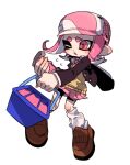  1girl baseball_helmet bike_shorts brown_footwear fizzy_bomb_(splatoon) full_body helmet holding holding_weapon ikki_(gsl_9708) ink_tank_(splatoon) leg_warmers medium_hair octoling_girl octoling_player_character one_eye_closed open_mouth pink_eyes pink_hair pink_skirt pleated_skirt shoes simple_background skirt solo splatoon_(series) splatoon_3 tentacle_hair thick_eyebrows tri-slosher_(splatoon) weapon white_background 