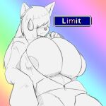 anthro anuki big_breasts bodily_fluids breast_expansion breasts canid canine clothing expansion hair hi_res hoodie huge_breasts lactating lactation_denial long_hair mammal nipples solo topwear