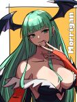  1girl absurdres ap_cammy black_leotard breasts character_name clothing_cutout green_eyes green_hair head_wings heart_cutout highres hime_cut leotard long_hair morrigan_aensland solo strapless strapless_leotard tongue tongue_out vampire_(game) wings 