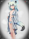  1girl animal_ears bath_yukata battery_indicator blue_archive blue_halo blue_panties blush breasts closed_mouth feet_out_of_frame green_hair grey_kimono hair_between_eyes halo japanese_clothes kimono medium_hair navel nipples official_alternate_costume panties purple_eyes recording shigure_(blue_archive) shigure_(hot_spring)_(blue_archive) small_breasts solo special_cat tail underwear weasel_ears weasel_tail yukata 