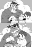 anthro blush chopsticks dragon duo eating food giansar human lifewonders live_a_hero male male/male male_operator mammal monochrome muscular muscular_anthro noodles pecs protagonist_(live_a_hero) ramen romantic romantic_couple size_difference suzuapi2