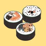  animal_focus black_cat blush_stickers calico cat closed_eyes commentary dog english_commentary food food_focus gunkanmaki in_food looking_at_viewer mimi_n no_humans one_eye_covered original rice simple_background sleeping sushi yellow_background 