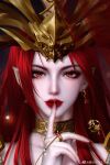  1girl beads cai_lin_(doupo_cangqiong) chair doupo_cangqiong earrings face finger_to_mouth hair_ornament highres jewelry light long_hair looking_at_viewer panax_37 pointy_ears red_hair second-party_source solo 