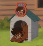 anthro building day detailed_background doghouse hi_res keith_(marsminer) male mammal marsminer mustelid nude otter outside sad solo