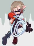  1boy boots brown_footwear brown_hair closed_mouth commentary_request cross-laced_footwear full_body goo_tuber_(splatoon) gradient_hair grey_background gun highres holding holding_gun holding_weapon inkling_boy inkling_player_character multicolored_hair nastar_r0 pointy_ears purple_eyes red_hair short_hair solo splatoon_(series) splatoon_3 tentacle_hair thick_eyebrows two-tone_background two-tone_hair weapon white_background 