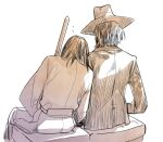  2boys facing_away fedora hakama halorane hand_in_pocket hat ishikawa_goemon_xiii jacket japanese_clothes jigen_daisuke leaning_on_person long_sleeves lupin_iii male_focus monochrome multiple_boys sheath short_hair sitting sleepy wide_sleeves yaoi 