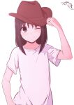  1girl absurdres artist_logo artist_name azumanga_daioh brown_eyes brown_hair brown_headwear casual closed_mouth commentary cowboy_hat english_commentary hand_on_headwear hand_on_own_hip hand_up hat hat_tip highres kasuga_ayumu kurumimi_birb looking_at_viewer medium_hair one_eye_closed shirt short_sleeves signature simple_background smile solo standing t-shirt upper_body white_background white_shirt 