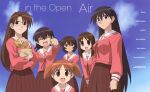  6+girls azumanga_daioh blue_sky brown_hair food highres kagura_(azumanga_daioh) kasuga_ayumu looking_at_viewer mihama_chiyo mizuhara_koyomi multiple_girls official_art sakaki_(azumanga_daioh) scan sky smile takino_tomo twintails 