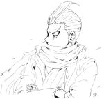  1boy bandaged_hand bandages clip_studio_paint_(medium) coat crossed_arms danganronpa_(series) danganronpa_2:_goodbye_despair lineart long_sleeves looking_to_the_side male_focus monochrome rifu_(leaf16ns) scar scar_across_eye scarf scarf_over_mouth shirt short_hair signature solo tanaka_gundham upper_body 