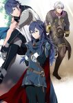  1girl 2boys ameno_(a_meno0) arm_tattoo asymmetrical_clothes blue_eyes blue_hair brand_of_the_exalt brown_eyes cape chrom_(fire_emblem) coat fingerless_gloves fire_emblem fire_emblem_awakening gloves grey_hair grin hair_between_eyes light long_hair long_sleeves lucina_(fire_emblem) multiple_boys own_hands_together pants pantyhose praying robin_(fire_emblem) robin_(male)_(fire_emblem) running short_hair sitting smile standing sweatdrop sweater symbol-shaped_pupils tattoo tiara 