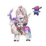  1girl animal_request arutya blush bow_(weapon) commentary grey_hair hair_between_eyes hair_ornament hairclip hashtag_only_commentary highres holding holding_bow_(weapon) holding_weapon hololive long_hair multicolored_hair open_mouth red_eyes sakamata_chloe sakamata_chloe_(1st_costume) simple_background solo streaked_hair virtual_youtuber weapon white_background 