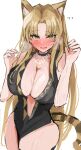  1girl absurdres animal_ears arknights blonde_hair blush breasts cleavage green_eyes heavy_breathing highres jewelry large_breasts long_hair looking_at_viewer necklace official_alternate_costume one-piece_swimsuit smile solo sunaneko_oekaki sweat swimsuit swire_(arknights) tail thighs 