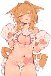  1girl animal_ear_fluff animal_ears animal_hands bare_shoulders blonde_hair blush bra breasts cat_cutout cat_ear_panties cat_lingerie cat_paws cat_tail cleavage cleavage_cutout clothing_cutout cowboy_shot double-parted_bangs frilled_bra frills genshin_impact hair_between_eyes hair_intakes hands_up heart heart-shaped_pupils highres kemonomimi_mode licking_lips looking_at_viewer lumine_(genshin_impact) meme_attire micro_panties navel o_(jshn3457) panties short_hair_with_long_locks side-tie_panties sidelocks simple_background solo stomach sweat symbol-shaped_pupils tail tongue tongue_out underwear white_background yellow_eyes 