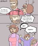 anthro beard big_breasts breasts brown_body brown_hair clothed clothing comic deer dialogue english_text facial_hair family female freckles group hair hi_res human humor hybrid lumberjack male male/female mammal signature simple_background spanish_text text thecooleralexico_(artist) translated