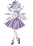  1girl \||/ absurdres adapted_costume ankle_socks blue_bow blue_eyes blue_hair blue_ribbon blue_skirt bobby_socks bow child chinese_commentary cirno collared_shirt commentary_request crossed_legs frilled_socks frills full_body hair_bow hand_on_own_chest highres ice ice_wings long_sleeves looking_to_the_side mary_janes neck_ribbon pantyhose profile puffy_long_sleeves puffy_sleeves ribbon shirt shocho_(shaojiujiu) shoes short_hair simple_background skirt socks socks_over_pantyhose solo suspenders touhou watson_cross white_background white_pantyhose white_shirt white_socks wings 