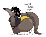 anteater anthro big_butt black_hair butt calvin_(legoskellydude) clothing hair hi_res huge_butt hyper hyper_butt legoskellydude looking_at_viewer male mammal onomatopoeia open_mouth panties pilosan simple_background slightly_chubby slightly_chubby_male smile solo sound_effects text twerking underwear xenarthran