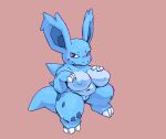  &gt;:3 anthro anthrofied back_spikes barely_visible_genitalia barely_visible_pussy belly big_breasts big_ears blue_body blush breasts chubby_female claws female front_view genitals hand_on_breast high-angle_view inverted_nipples looking_at_viewer navel nidorina nintendo nipples pok&eacute;mon pok&eacute;mon_(species) pussy red_eyes short_stack simple_background slightly_chubby smile solo somnamg spikes spikes_(anatomy) standing toe_claws video_games 