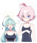  ... 2girls ? ahoge blue_archive blue_eyes breast_conscious flat_chest green_hair halo heterochromia highres hoshino_(blue_archive) hoshino_(young)_(blue_archive) long_hair multiple_girls murase48 one-piece_swimsuit open_mouth pink_hair simple_background spoken_ellipsis swimsuit white_background white_halo yellow_eyes yellow_halo yume_(blue_archive) 