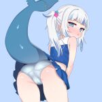  1girl ass blue_eyes blue_hair blush cameltoe cheerleader dice_hair_ornament fins fish_tail gawr_gura hair_ornament highres hololive hololive_english looking_at_viewer mingkozus multicolored_hair open_mouth shark_girl shark_tail side_ponytail solo tail virtual_youtuber white_hair 