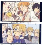  6+boys ^_^ america_(hetalia) anniversary annoyed axis_powers_hetalia bear black_hair blank_eyes blonde_hair blue_background blue_bow blue_bowtie blue_eyes bow bowtie brothers brown_eyes canada_(hetalia) china_(hetalia) closed_eyes collared_shirt confetti dot_mouth formal france_(hetalia) germany_(hetalia) gilbird glasses green_eyes grin hair_slicked_back highres japan_(hetalia) kumajirou_(hetalia) male_focus multiple_boys ninonuko northern_italy_(hetalia) one_eye_closed open_mouth panels polar_bear red_bow red_bowtie russia_(hetalia) scarf shirt siblings smile southern_italy_(hetalia) split_screen tan thumbs_up united_kingdom_(hetalia) v waistcoat white_background white_hair 