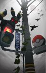  2km0bsrmyfksgvc bird black_fur commentary_request facial_mark forehead_mark from_below grey_sky highres leaf no_humans poke_ball_symbol pokemon pokemon_(creature) red_eyes sky tail traffic_light translation_request umbreon 