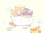  2boys bathtub blonde_hair blue_eyes chibi chibi_only dio_brando hat jojo_no_kimyou_na_bouken kotorai kujo_jotaro male_focus multiple_boys no_nose open_mouth rubber_duck shared_bathing short_hair sideburns signature soap_bubbles solid_oval_eyes tile_floor tiles translation_request yaoi 