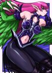  1girl absurdres armor bare_shoulders bikini_armor bird_tail black_pantyhose black_thighhighs claws clothing_cutout commentary_request feathers garter_straps green_eyes green_feathers green_wings harpie_lady harpy highres long_hair monster_girl navel navel_cutout pantyhose pink_hair pointy_ears rooru_kyaabetsu solo spiked_armor tail thighhighs very_long_hair wings yu-gi-oh! 
