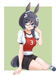  1girl adjusting_eyewear animal_ears black-framed_eyewear black_hair black_shorts blue_eyes braid character_name commentary crown_braid glasses green_background grey_footwear gym_shirt gym_shorts gym_uniform hair_over_shoulder hair_tie highres horse_ears horse_girl horse_tail kemuri_(etep3372) long_hair looking_at_viewer open_mouth race_bib shirt shoes short_sleeves shorts sitting smile sneakers socks solo t-shirt tail translated umamusume white_shirt white_socks yokozuwari zenno_rob_roy_(umamusume) 