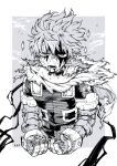  1boy artist_name belt belt_pouch black_whip_(boku_no_hero_academia) bleeding bleeding_from_forehead blood blood_on_face bodysuit boku_no_hero_academia border bright_pupils broken_mask cape commentary_request cropped_torso dirty dirty_face electricity exhausted floating_cape floating_hair freckles fukami_(hk3) gloves grey_background greyscale hair_between_eyes hands_up highres hunched_over looking_at_viewer lower_teeth_only male_focus mask messy_hair midoriya_izuku monochrome mouth_mask narrowed_eyes official_alternate_costume open_mouth outside_border pouch sanpaku scratches shards short_hair snap-fit_buckle spoilers sweat teeth tendril torn_cape torn_clothes upper_body utility_belt white_border white_pupils 