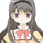  1girl akemi_homura bad_drawr_id bad_id black_hairband bow bowtie close-up collared_dress dress grey_hair hairband light_frown long_hair looking_at_viewer mahou_shoujo_madoka_magica mahou_shoujo_madoka_magica_(anime) oekaki paw_print purple_eyes red_bow red_bowtie sidelocks solo straight-on toshi_(little-fluffy-cloud) upper_body yellow_dress 