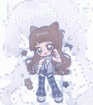  1girl animification black_pants blush brown_hair chibi cone_hair_bun grey_footwear grey_hoodie grey_shirt hair_bun happy_birthday highres hood hood_down hoodie juria_(xg) long_hair o_bianyi_didi_shu_o pants real_life scrunchie shirt smile solo star_(symbol) very_long_hair wrist_scrunchie xg_(group) 