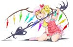  1girl ascot axis_fran back_bow between_legs blonde_hair bow buttons flandre_scarlet frilled_shirt_collar frilled_skirt frilled_sleeves frills full_body hand_between_legs hat hat_bow hat_ribbon highres holding holding_polearm holding_weapon laevatein_(touhou) large_bow medium_hair mob_cap multicolored_wings no_shoes one_side_up open_mouth pink_bow pink_headwear pink_socks pleated_skirt pointy_ears polearm puffy_short_sleeves puffy_sleeves red_bow red_eyes red_ribbon red_skirt red_vest ribbon shirt short_sleeves simple_background skirt skirt_set sleeve_bow sleeve_ribbon socks solo teeth touhou upper_teeth_only vest weapon white_background white_shirt wings wrist_cuffs yellow_ascot 