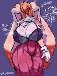 anthro big_breasts blush bodily_fluids bottomwear bra breasts choker cleavage clothed clothing crocodilian dialogue eyes_closed female gloves handwear huesillo_skolz huge_breasts jewelry lagomorph leporid long_ears mammal necklace rabbit reptile scalie sega skirt solo sonic_the_hedgehog_(series) steam steaming_body sweat thick_thighs underwear vanilla_the_rabbit vector_the_crocodile