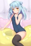  1girl aqua_hair balloon bare_arms black_thighhighs blush breasts commentary_request dango_(sasaame) dot_mouth double_bun feet_out_of_frame hair_bun hair_ornament hairclip highres indoors long_hair looking_at_viewer old_school_swimsuit original sasaame school_swimsuit small_breasts solo straddling swimsuit thighhighs tile_wall tiles yellow_eyes 