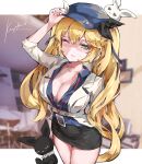  1girl ;) absurdres artist_name belt black_skirt blonde_hair blue_headwear blue_jacket blue_ribbon blurry blurry_background blush breasts cabbie_hat cleavage collared_shirt covered_navel dokibird_(vtuber) green_eyes grey_jacket hair_ribbon hat heart heart-shaped_eyes highres id_card indie_virtual_youtuber jacket keyokku lanyard long_hair long_sleeves looking_at_viewer medium_breasts miniskirt nose_blush office_lady one_eye_closed open_clothes open_shirt rabbit red_nails ribbon shirt skirt smile solo thighs twintails very_long_hair virtual_youtuber white_belt 