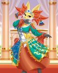 absurd_res accessory anthro breasts clothed clothing delphox feet female fluffy_hinu fur generation_6_pokemon hi_res inner_ear_fluff looking_at_viewer multicolored_body multicolored_fur nintendo pokemon pokemon_(species) red_body red_eyes red_fur sacred_style_delphox solo tuft white_body white_fur yellow_body yellow_fur
