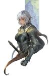  1girl armor armored_gloves braid breasts grey_hair highres homare_(fool&#039;s_art) lips looking_at_viewer original parted_lips solo sword weapon white_background yellow_eyes 