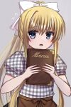  1girl air_(visual_novel) alternate_costume apron blonde_hair blue_eyes blush bow brown_apron commentary_request cowboy_shot eyes_visible_through_hair flying_sweatdrops frown grey_background hair_between_eyes hair_bow hands_up highres holding holding_menu kamio_misuzu long_hair looking_at_viewer mahigu_re menu nervous open_mouth plaid plaid_shirt ponytail puffy_short_sleeves puffy_sleeves shirt short_sleeves sidelocks simple_background single_hair_intake solo straight_hair very_long_hair waitress white_bow 