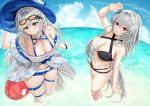  2girls absurdres arknights bikini black_bikini blue_headwear breasts collarbone commentary eyewear_on_head grey_hair hat highres large_breasts long_hair looking_at_viewer multiple_girls ocean orca outdoors putcho red_eyes skadi_(arknights) skadi_(waverider)_(arknights) sky specter_(arknights) stuffed_animal stuffed_toy sunglasses swimsuit thigh_strap very_long_hair water white_bikini 