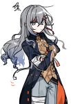  1girl bandaged_hand bandaged_leg bandages black_jacket blade_(honkai:_star_rail) blade_(honkai:_star_rail)_(cosplay) bronya_rand commentary cosplay crossed_arms emne english_commentary grey_eyes grey_hair grey_pants hair_between_eyes highres honkai:_star_rail honkai_(series) jacket long_hair long_sleeves looking_at_viewer pants simple_background solo squiggle very_long_hair white_background 
