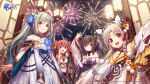  4girls ahoge alternate_costume an_shan_(azur_lane) armpits azur_lane blue_eyes blush breasts brown_hair chang_chun_(azur_lane) chinese_clothes cleavage closed_mouth commentary_request detached_sleeves dress fireworks fu_shun_(azur_lane) green_eyes grey_hair hair_ornament headband highres lantern looking_at_viewer multiple_girls night night_sky official_art ponytail red_eyes shenbei_xiaoqiu sky small_breasts tai_yuan_(azur_lane) twintails 