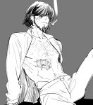  1boy arm_support bandaid bandaid_on_face bare_pectorals beard chest_hair closed_mouth collared_shirt facial_hair feet_out_of_frame gauze hair_over_one_eye halorane jacket jigen_daisuke looking_at_viewer lupin_iii male_focus monochrome navel nipples open_clothes open_jacket pectorals ribs shirt short_hair simple_background sitting sketch smoke_trail solo 