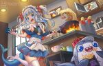  1girl absurdres apple apron artist_name black_shirt bloop_(gawr_gura) blue_eyes blue_hair blue_skirt bow bowl breasts cellphone cooking corn_cob cup drinking_glass dutch_angle food freeze-ex french_fries fried_rice fruit frying_pan gawr_gura hair_bow highres holding holding_frying_pan holding_phone hololive hololive_english indoors kitchen lobster long_hair looking_at_viewer maid_apron maid_headdress microwave multicolored_hair no_shoes off_shoulder open_mouth phone red_bow sharp_teeth shirt shrimp skindentation skirt small_breasts smartphone smile solo spatula spoon streaked_hair table teeth thighhighs waist_apron watson_amelia white_apron white_hair wrist_cuffs 