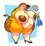  absurd_res anthro areola belly big_belly big_breasts big_butt breasts brown_areola brown_hair brown_nipples butt clothing english_text female giraffe giraffid hair hi_res high_heels holding_clothing holding_object holding_shirt holding_topwear huge_breasts huge_butt huge_thighs hyper hyper_breasts hyper_butt hyper_hips mammal navel nipples nude obese obese_anthro obese_female open_mouth overweight overweight_anthro overweight_female profanity question_mark shirt snackdumpster solo speech_bubble text thick_thighs topwear wide_hips 