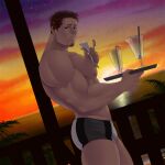  1boy bara black_male_swimwear brown_hair closed_mouth cloud cup facial_hair holding holding_tray indoors large_pectorals looking_at_viewer male_focus male_swimwear muscular muscular_male mxsxe nipples original outdoors pectorals short_hair sky solo sunset tray 
