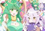  2girls ahoge animal_ears antlers breasts cellphone cleavage closed_mouth deer_ears dress flower green_dress green_eyes green_hair grey_hair hair_between_eyes hair_flower hair_ornament hair_ribbon hairpin haruka_karibu henya_the_genius henya_the_genius_(1st_costume) highres holding holding_phone horns keshi273 large_breasts long_bangs long_hair multiple_girls musical_note open_mouth phone purple_dress purple_ribbon reindeer_antlers reindeer_girl ribbon sleeveless sleeveless_dress smartphone smile two_side_up vshojo vshojo_idol_uniform_(candy_pop) yellow_eyes zipper zipper_pull_tab 