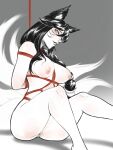  1girl ahri_(league_of_legends) arms_behind_back breasts completely_nude double_daggers facial_mark gradient_background hair_between_eyes highres large_breasts league_of_legends long_hair nipples nude pussy shibari smile solo teeth whisker_markings 